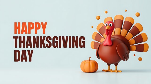 Happy thanksgiving day with cartoon turkey and pumpkin for holiday celebration