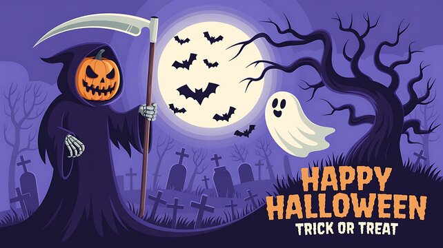 Happy Halloween illustration with grim reaper ghost bats pumpkin and spooky graveyard
