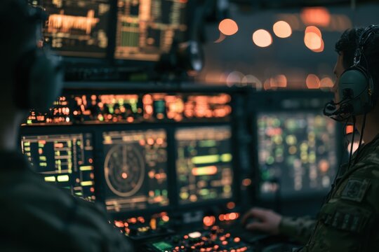 Soldier wearing a headset monitors multiple screens displaying data and controls in a dark environment