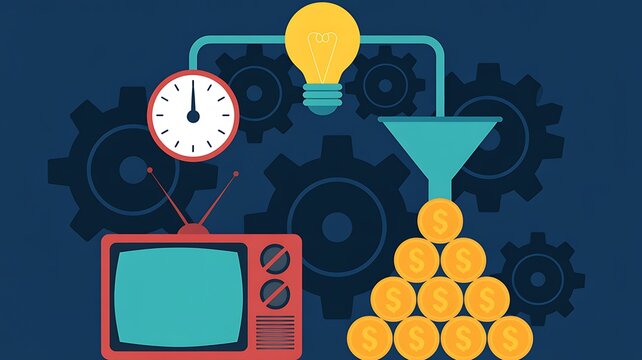 Media marketing with television clock funnel lightbulb gears and money