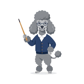 Anthropomorphic poodle teacher wearing glasses and a cardigan holding a wooden pointer isolated