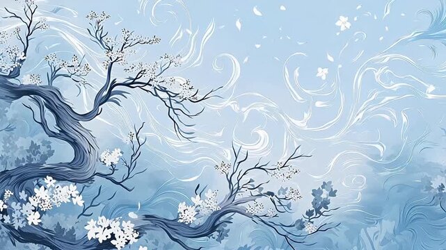vintage blue printmaking style flowers ancient Chinese abstract background