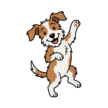 Cute cartoon dog dancing and waving paw isolated on a white background