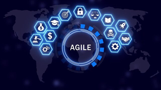 Agile methodology business strategy concept featuring animated digital interface with global network and workflow optimization symbols for corporate project management and development solutions