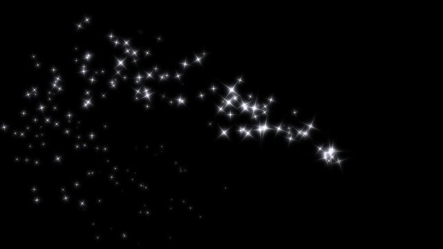 Sparkle star light effect, fast line glitter motion, luxury white glitter sparkling stars trail, straight lines, magic dust, pixie dust path isolated on black screen background. 4k night sky