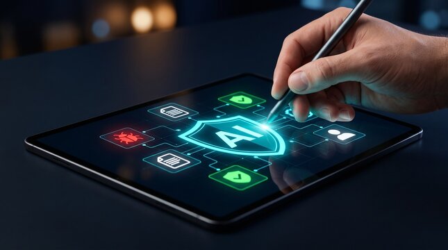 Using a stylus on a digital tablet displaying an artificial intelligence security shield for threat analysis
