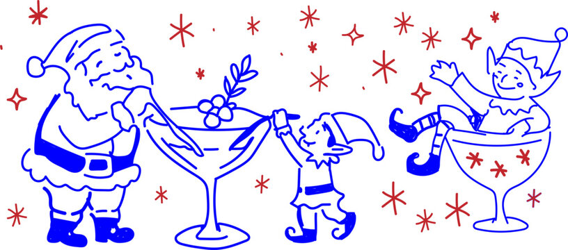 Festive hand drawing of santa claus and christmas elves celebrating with cocktails for a holiday party illustration