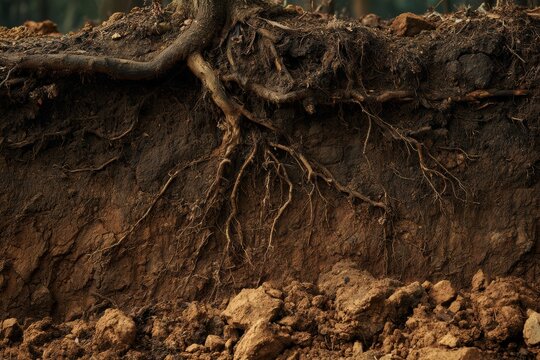 Tree roots penetrating layers of brown earth and dirt