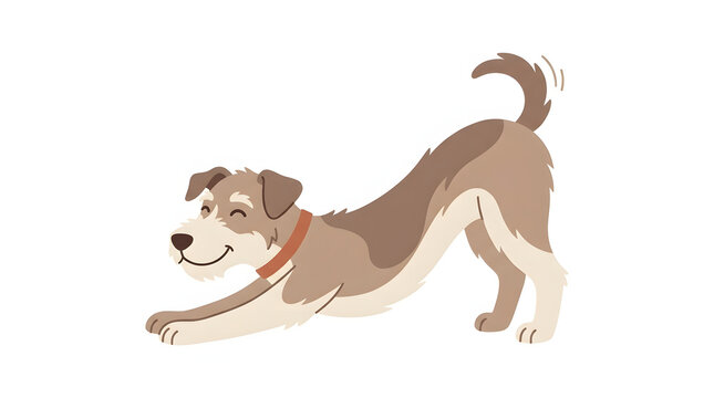 Happy brown and white dog stretching in a playful bow pose isolated on a white background