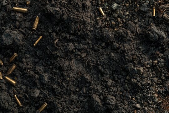 Empty bullet shells lying on dark, textured soil and gravel