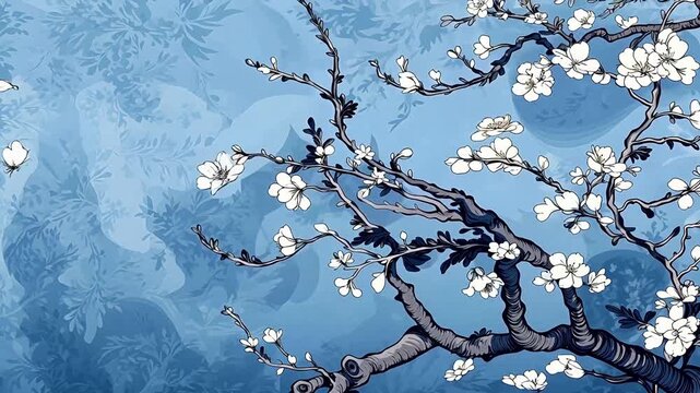 vintage blue printmaking style flowers ancient Chinese abstract background
