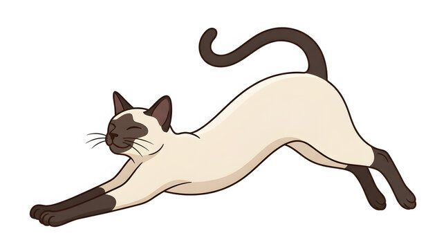 Siamese cat stretching its body in a playful pose isolated on a white background