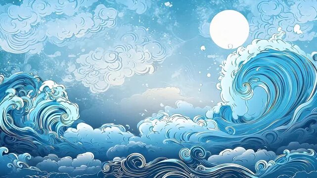 vintage blue printmaking style flowers ancient Chinese abstract background