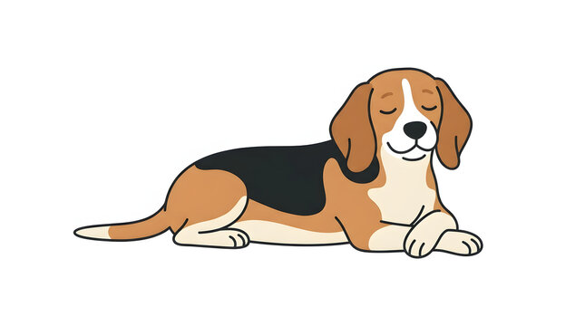 Cartoon beagle dog lying down comfortably with eyes closed on a plain white background
