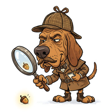 Cartoon bloodhound detective wearing a deerstalker hat and trench coat examining an acorn with a magnifying glass
