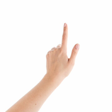 Young woman hand touch screen gesture isolated on white background