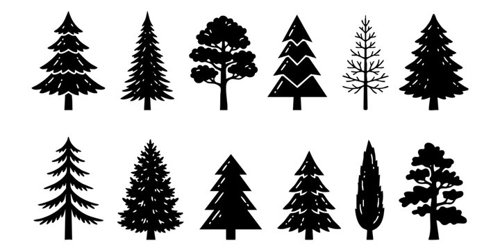 Collection of hand drawn tree silhouettes in black and white style, vector nature illustration set