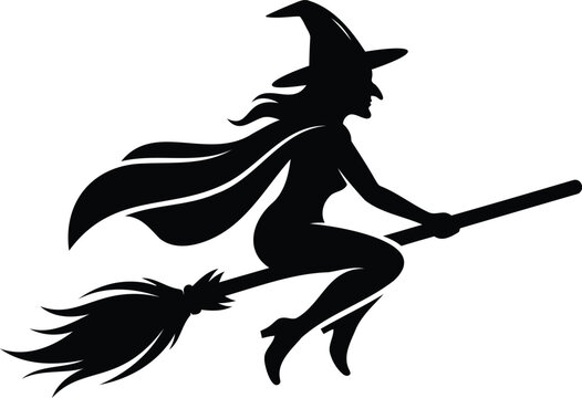Halloween Witch Silhouette Flying on Broomstick Spooky Magic Holiday Illustration