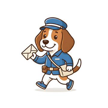 Cute beagle dog dressed as a mail carrier walking and holding an envelope on a white background