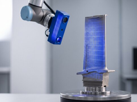3D blue-light scanner on robotic arm projecting structured light pattern on an aerospace turbine blade for quality control