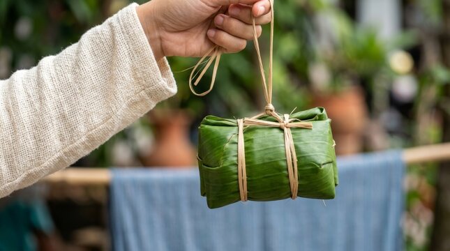 Hand Holding Traditional Eco Friendly Food Packaging Wrapped in Fresh Green Banana Leaf Tied with Natural Twine Rope Outdoor