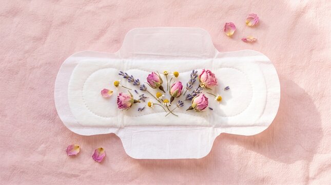Feminine hygiene product with delicate flowers and petals on a pink background.