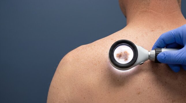 Dermatologist checking skin mole on patient back using dermatoscope for cancer screening