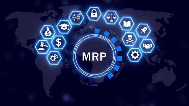 Dynamic requirements planning mrp concept with glowing digital interface and global business network connectivity for advanced industrial supply chain management and strategic corporate logistics