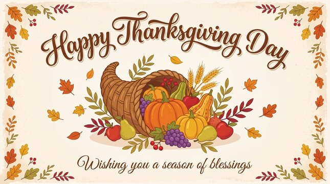 happy thanksgiving day greeting card with cornucopia, pumpkins, harvest fruits, autumn leaves, rustic background, seasonal celebration design