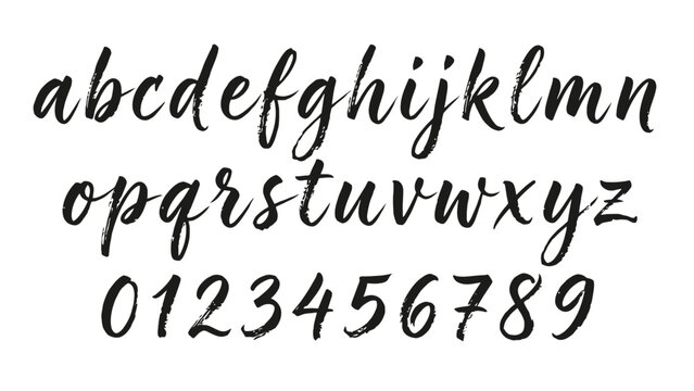 Handwritten lowercase alphabet vector illustration featuring rough ink textured lettering with numbers on white background