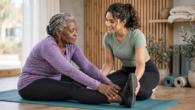 Senior Black woman stretching hamstrings with support of Hispanic trainer
