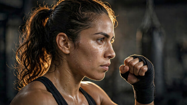 Hispanic female athlete performing shadow boxing routine in quiet gym