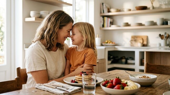 horizontal image of tender moment between mother and child during healthy breakfast in cozy kitchen. concept of a healthy joint breakfast, nurturing love, and quality morning time spent together.
