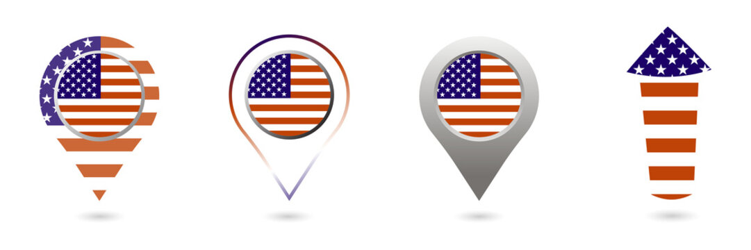 Usa flag map pointer set isolated on a transparent background