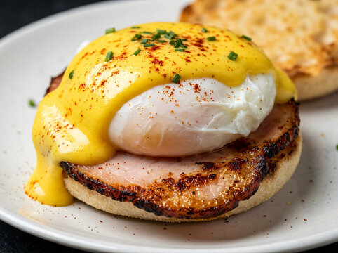 Delicious Eggs Benedict with Poached Egg and Hollandaise Sauce on Toasted English Muffin.