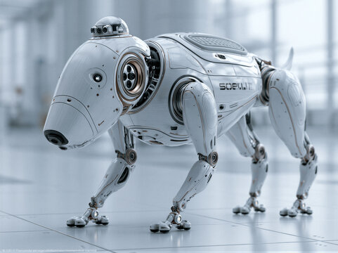 Sleek aluminum quadruped robot guide dog with LiDAR sensors in modern lab, cinematic volumetric lighting, shallow depth of field, negative space, ideal for assistive tech and healthcare campaigns.