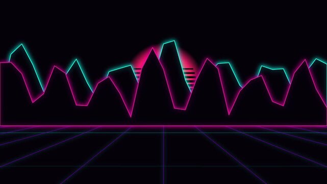 Abstract Neon Wireframe Landscape With A Glowing Sun Horizon For A Retro 80s Synthwave Aesthetic In A Digital Environment For Futuristic Media Content And High Tech Visual Motion Graphic