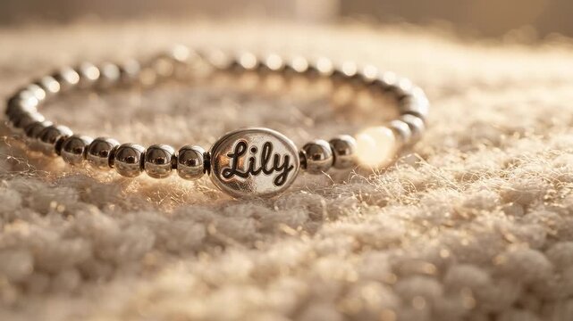 Elegant silver beaded baby bracelet with engraved name charm resting on a soft white textured fabric background