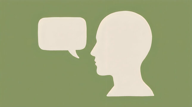 Minimalist concept art showing a human head silhouette in profile facing an empty speech bubble against a solid muted green background
