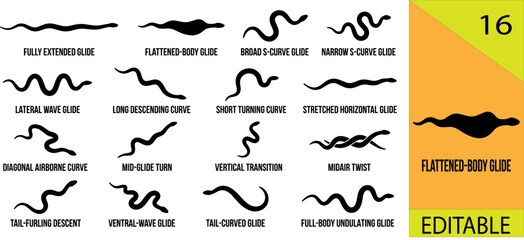 Fototapeta premium Black dragon serpent icon set curled horn long-neck winged coil double-horn fin-tail crown feather armored crest split-horn spiral editable vector