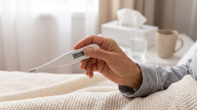 Individual holding thermometer with high fever in cozy bedroom  