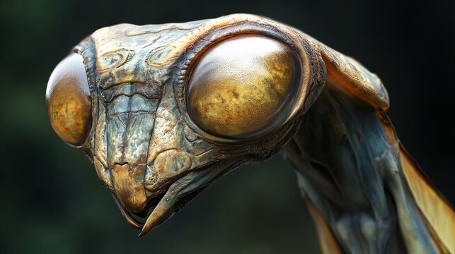 Detailed insect head close-up showcasing intricate textures, brilliant lighting, and dramatic shadows, providing a unique concept