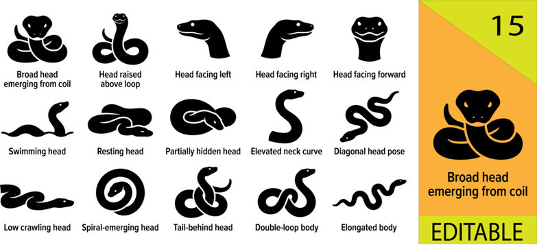 Black snake head icon set broad emerging raised loop facing left right forward swimming resting hidden elevated diagonal editable vector