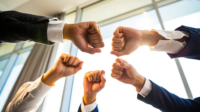 Business team joining raised fists together in a circle to represent teamwork, unity, cooperation and collective success