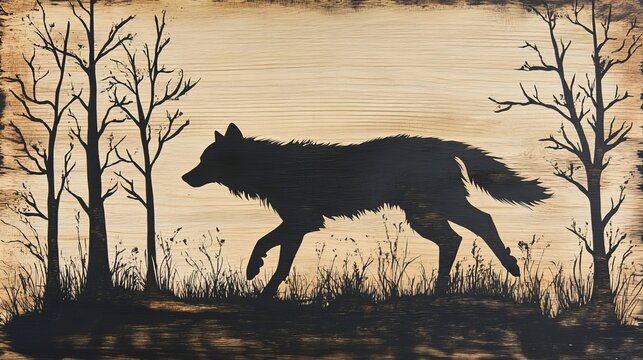 Lone wolf silhouette gracefully strides across a tranquil woodland, suggesting wild nature and a serene, mysterious habitat