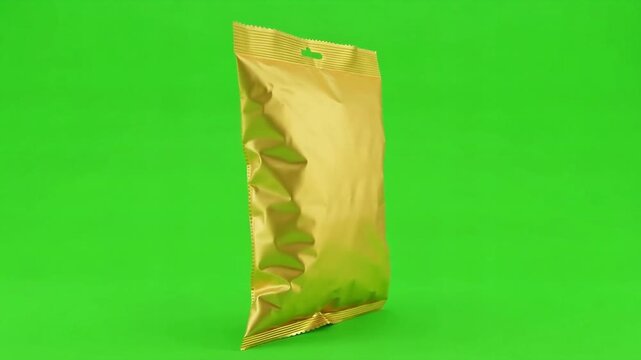 Unbranded metallic gold stand-up pouch centered against a vivid green background, providing clean packaging mockup space