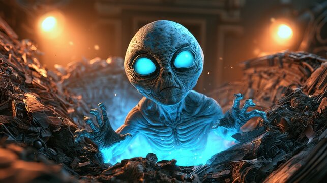 A glowing blue-eyed alien emerges from a rocky, metallic environment, surrounded by eerie lighting and a sci-fi atmosphere.
