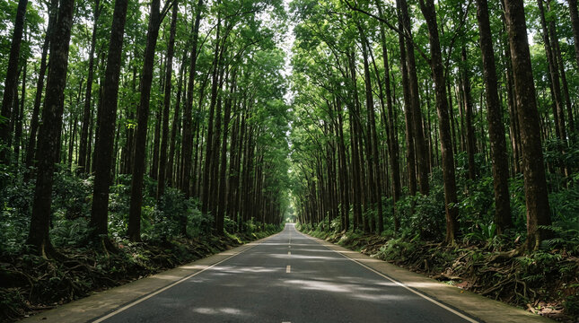Straight scenic road through the famous dense man-made forest of tall mahogany trees in Bilar, Bohol, Philippines, creating a dramatic green canopy and symmetrical natural tunnel.