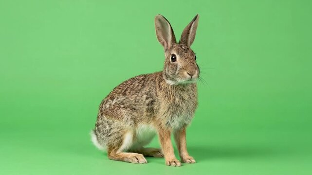 Alert brown hare sitting upright against a smooth bright green studio background, showing detailed fur, long ears, and a natural wildlife posture