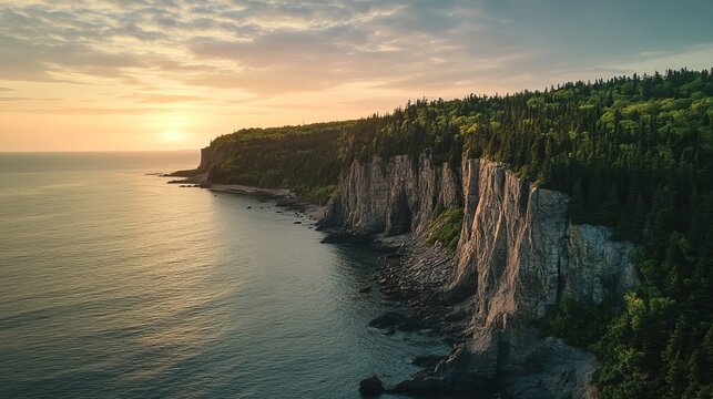 Dramatic coastal cliffs rise above the tranquil ocean during a vibrant sunset, showcasing nature&rsquo;s majestic beauty and serene landscape